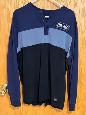 Harley-Davidson Navy and Black Colorblock Long Sleeve Henley